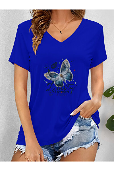 mercoledi Дамска тениска с V-образно деколте, ръкави и стандартна кройка с пр...