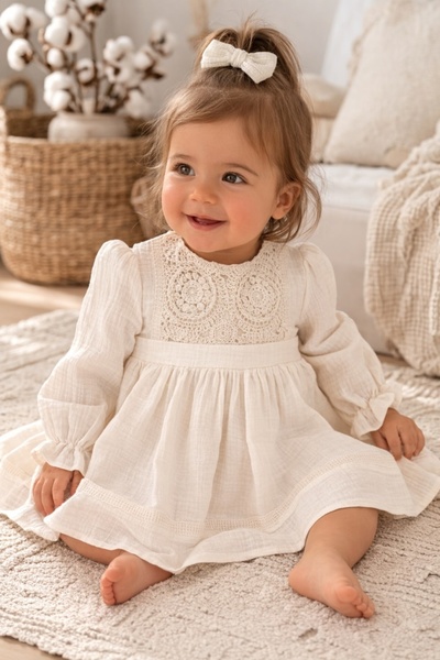 Pure Boutique Elegant ivory baby girl dress with lace, long sleeves, muslin
