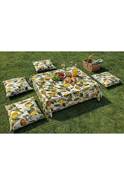 Zeren Home Limon Desenli Sıvı Geçirmez Keten Piknik Takımı Masa Örtüsü ve 4 M...