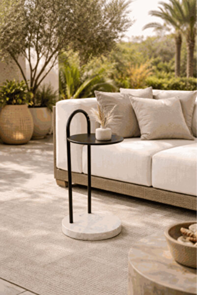 B OAK Handcrafted Side Table with a Natural Marble Base