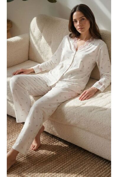 Espuar Дамски комплект дълги пижами с памучна дантелена яка