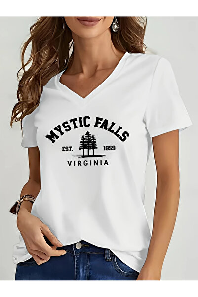 mercoledi Mâneci Mystic Falls cu imprimeu cu decolteu în V pentru femei, mode...