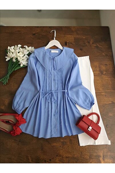 ŞAHİN TESETTÜR GİYİM BEBE YAKA ÖN PİLİSELİ SALAŞ GÖMLEK TUNİK 5680