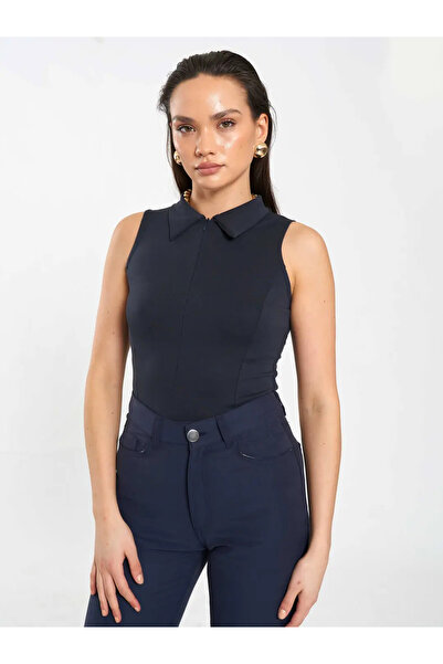 BIGNUANCE Navy Blue Zippered Polo Collar Sleeveless Knitted Body Casual Comfo...