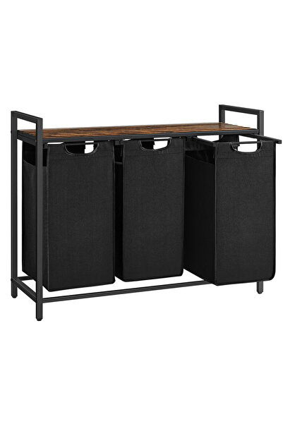 VASAGLE Laundry basket, 3 compartments, removable laundry bags, shelf, metal ...