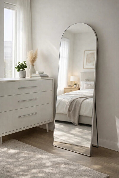 MARIA HOMES مرآة أرضية فضية مقوسة، مقاس 180 × 70 سم، مرآة غرفة نوم كاملة الطول