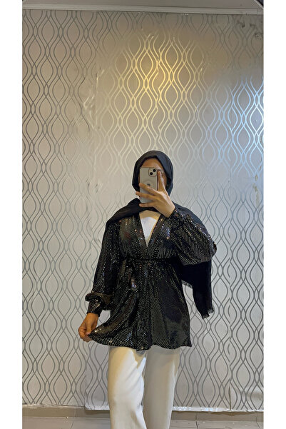 DİLEKBUTİK Kadife pullu kemerli kimono