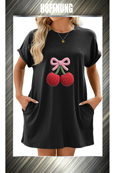 HOFFNUNG Unisex Short Sleeve Round Neck 2Cherries Printed Solid Color Long Ts...