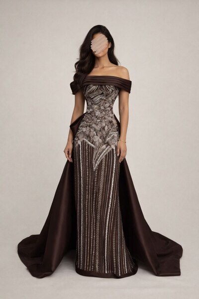 TOP BERLANTY "Brown Royal" Evening Dress – Mikado Elegance with Luxurious Det...