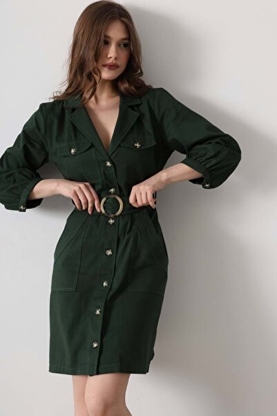 ibeeka Culoare verde curea - Rochie cu design cu detalii de nasturi, stil Boh...