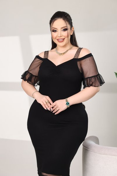BONİTA FASHİON Plus Size Ruffled Tulle Sleeves Thick Straps Front Ruched Hem Tulle Above Top Lace Above Skirt Stretchy Fabric Dress