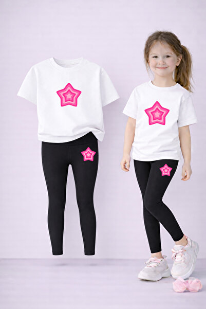 LORVEX Girls' Set T-Shirt and Stretchy Leggings Set 100% Cotton Color Star Pr...