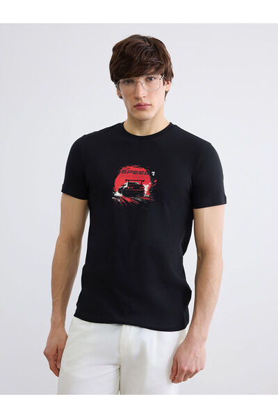 LC Waikiki Μαύρο ανδρικό μπλουζάκι με στάμπα και λεπτή εφαρμογή (S6)