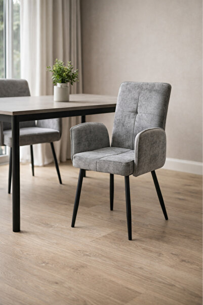 MARIA HOMES Light Grey Upholstered Dining Chair with Armrests and Metal Legs ...