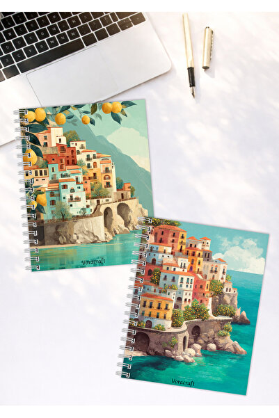 VORACRAFT A5 Spiralli Karton Kapak 2’li Set Çizgili Amalfi Temalı Okul Defter...