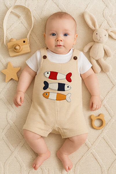 MiniElegans Balık Nakışlı Kısa Kollu Erkek Bebek Tulumu