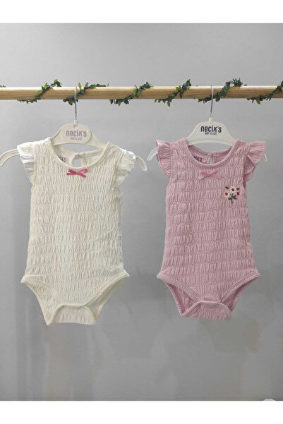 Kız Bebek 2'li Gipe Dokulu Zıbın Seti - Fırfır Kollu Çiçek Nakışlı Body