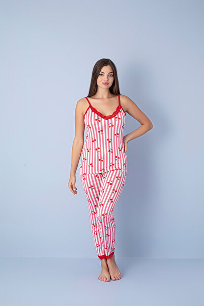 PIOVE طقم بيجامة نسائي من كيريز منقوش بحزام - مخطط دانتيل طقم ملابس منزلية مر...