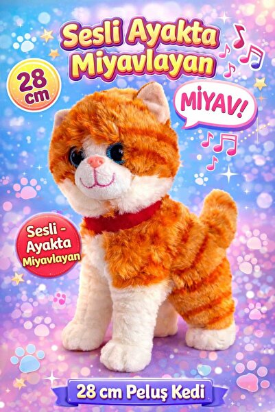 Aksoy Toys Sesli Ayakta Miyavlayan 28 cm Peluş Yumuşacık Uyku Arkadaşı Kedi