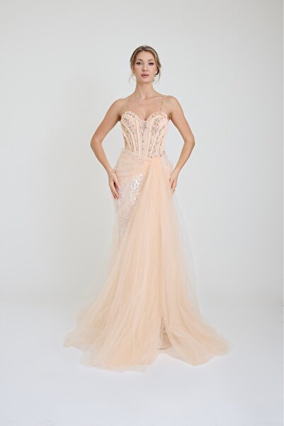 ROJBEY KADIN ABİYE KORSAJLI KALP YAKA IŞILTILI PAYET KUMAŞ İŞLEMELİ UZUN ELBİSE