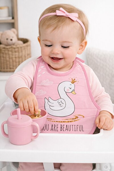 Pure Boutique Baveta bebe impermeabila roz cu lebada, baveta hranire fetite n...