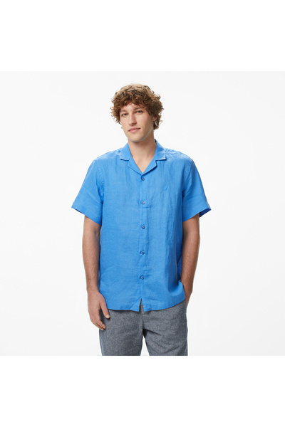 Nautica Erkek Mavi Regular Fit Kısa Kollu Keten Gömlek