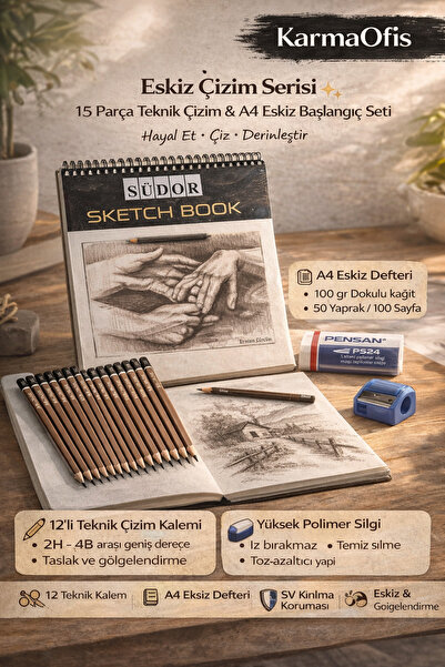 KarmaOfis 15 Piece Technical Drawing Set A4 Sketch Book 12 Drawing Pencils Er...