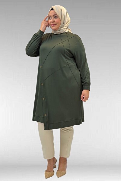 Eslina 68006 Büyük Beden Pat Üzeri Düğme Detaylı Penye Tunik - Haki