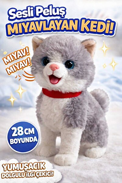 Aksoy Toys Sesli Ayakta Miyavlayan 28 cm Peluş Yumuşacık Uyku Arkadaşı Kedi