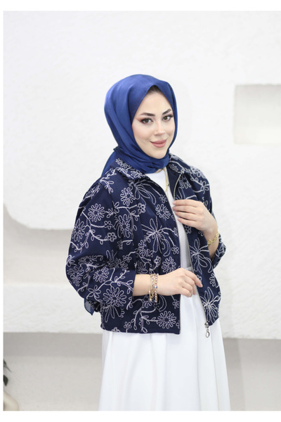 afran collection Ceket nakışlı lacivert Bomber kısa ceket (55cm)içi astarlıdır