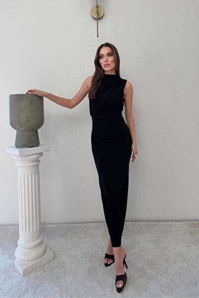 MOZENA Zero Sleeve Drape Detail Slit Long Sandy Dress