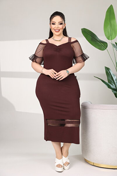 BONİTA FASHİON Plus Size Ruffled Tulle Sleeves Thick Straps Front Ruched Hem ...