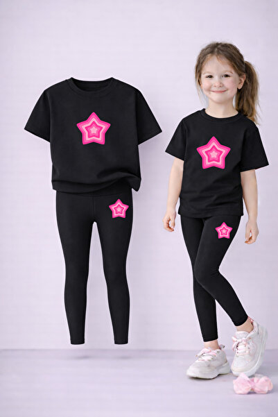LORVEX Girls' Set T-Shirt and Stretchy Leggings Set 100% Cotton Color Star Pr...
