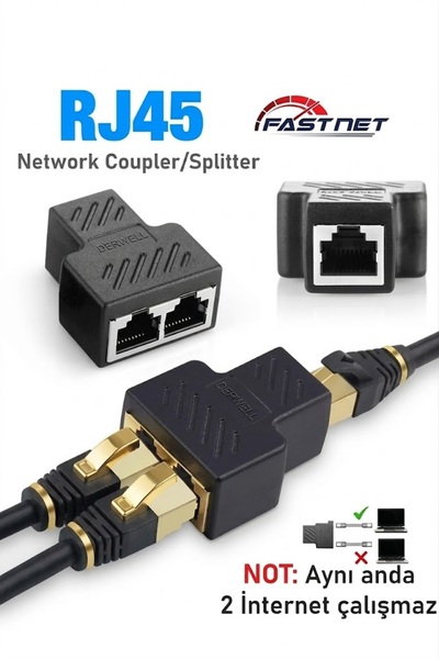 Derwell 2 Portlu Splitter Çift LAN Kablosu Ethernet Ayırıcı RJ45 Dişi Adaptör...