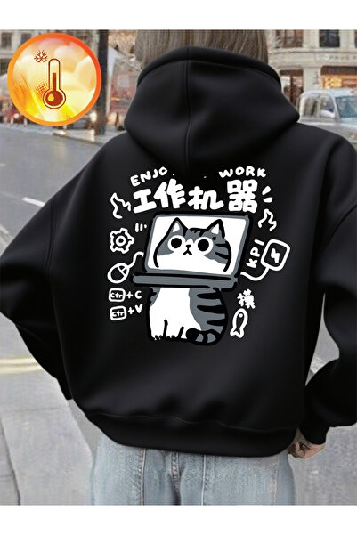 NOISSEY سويت شيرت Fun Cat مطبوع بغطاء رأس للسيدات كاجوال فضفاض للشتاء P صوف ا...