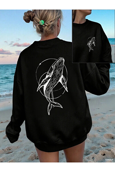 NOISSEY تي شيرت نسائي مطبوع عليه الحوت المقوس، مريح وياقة دائرية، بغطاء رأس ق...