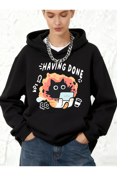 NOISSEY Kpi Cat مطبوع بغطاء رأس سويت شيرت قطن قطعة للنساء سترة رياضية فضفاضة ...