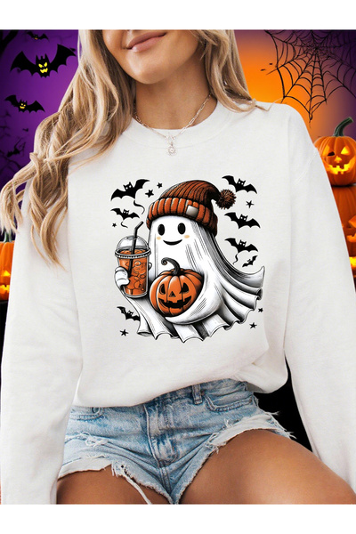 NOISSEY Hanorac de Halloween pentru femei, cu imprimeu fantomă, liliac și dov...