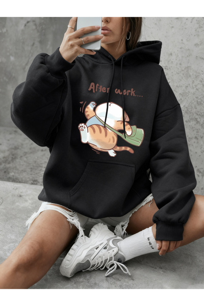 NOISSEY سترة نسائية مطبوعة عليها عبارة "Cat Running After Work" مريحة وفضفاضة...