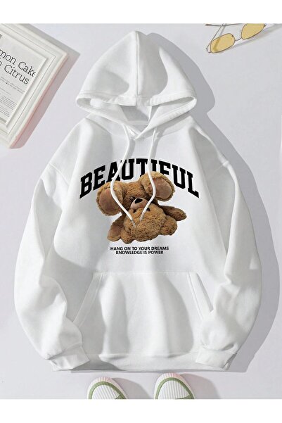 NOISSEY هوديز مطبوع عليها دب تيدي على الوجهين للنساء ملابس رياضية عصرية غير ر...