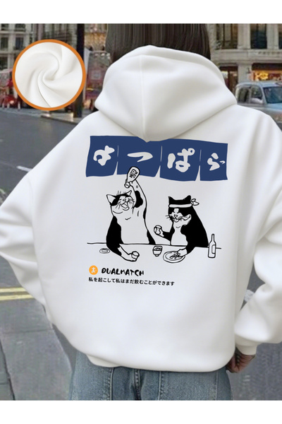 NOISSEY تي شيرت ياباني ريترو كات مطبوع بغطاء رأس للسيدات شتوي صوف الفليس دافئ...