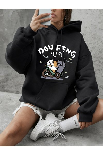 NOISSEY Γάτα που κάνει ποδήλατο με τύπωμα με κουκούλα μπλούζες γυναικείες χει...