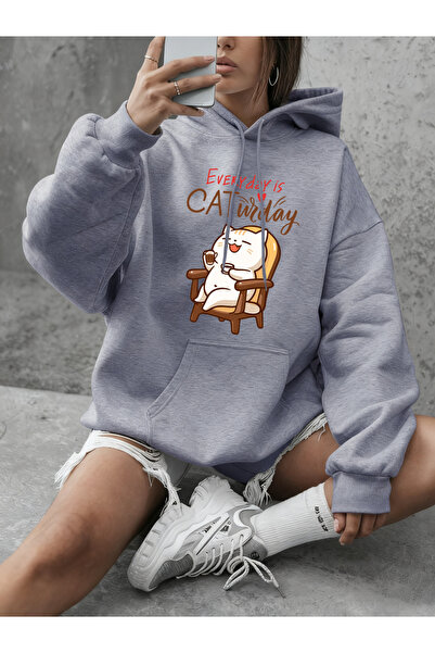 NOISSEY Cat Widay Coffee Happy Cats cu imprimeu cu glugă Top casual largi pen...