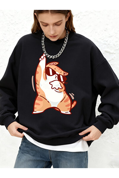 NOISSEY Happy Dancing Cat Printed Hooded Simple Long Sleeve Round Collar Swea...