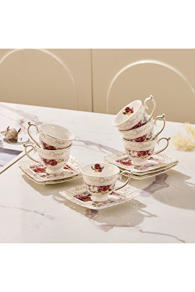 Malooki Set of 6 espresso cups with 6 porcelain saucers 90 ml - elegant flora...