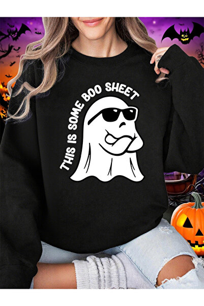 NOISSEY هذا هو سترة هالوين بطباعة Some Boo Page للسيدات ذات ياقة دائرية وقلنس...