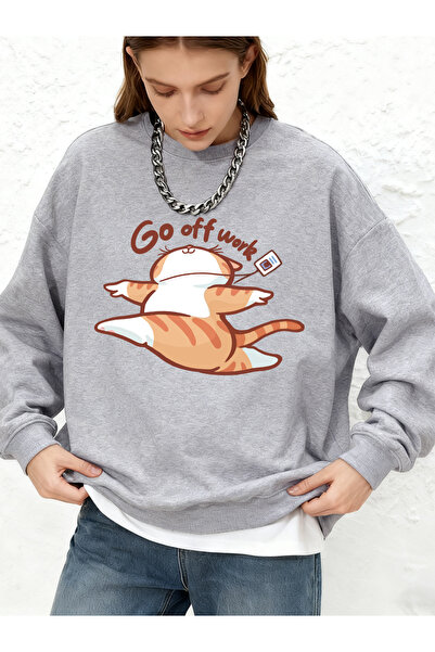 NOISSEY Go Off Work Happy Cat cu imprimeu Tricou Toamnă Caldă cu mânecă lungă...