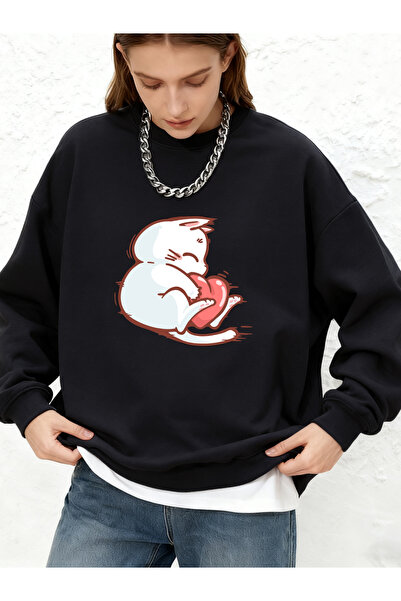 NOISSEY سويت شيرت Red Heart Cat مطبوع للسيدات كاجوال فضفاض بنطال جوغر بغطاء ر...