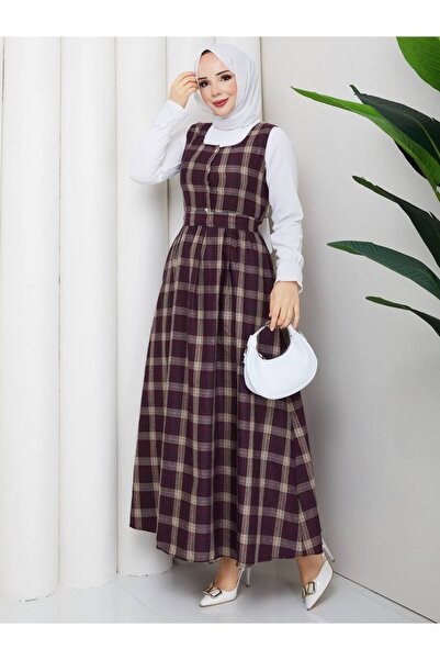 PALMİYE GİYİM KADIN EKOSE DESENLİ CEPLİ KUŞAKLI KALIN ASKILI JİLE ELBİSE