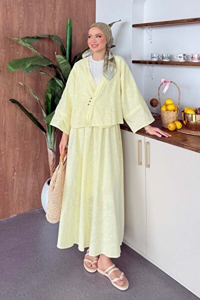 Şulemoda Giyim Linen Skirted Buttoned Suit Yellow